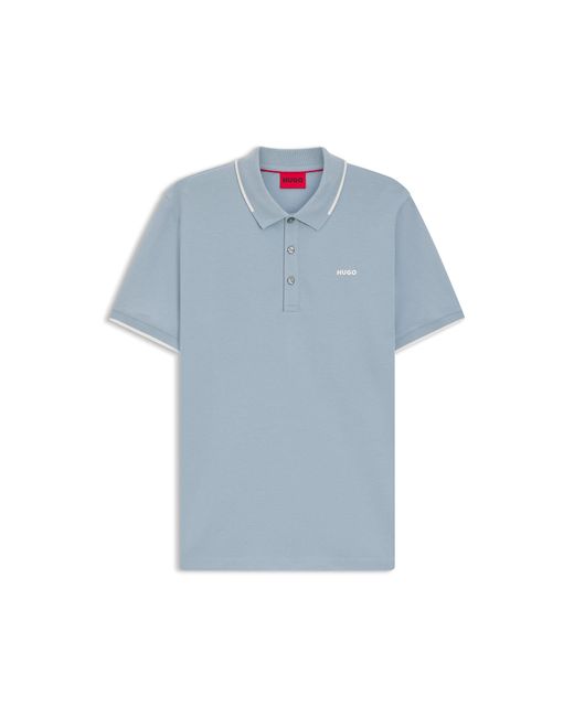 HUGO Blue Stretch-Cotton Slim-Fit Polo Shirt With Printed Logo for men