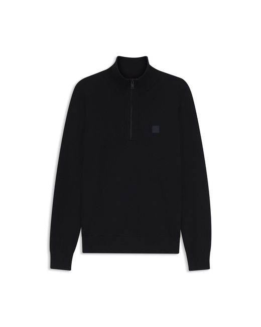 Boss Blue Cotton-Cashmere Sweater With Zip Collar for men