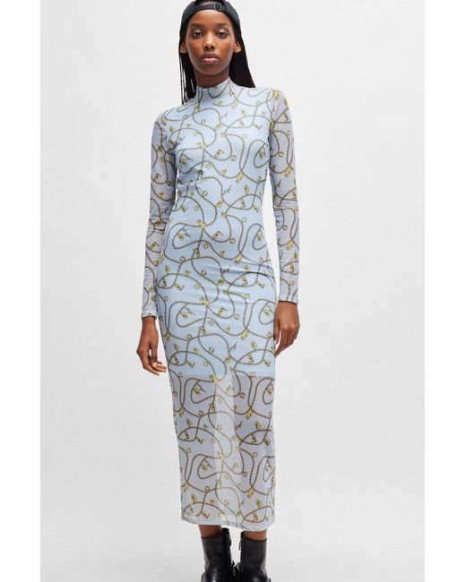 HUGO Blue Stretch-mesh Dress With Seasonal Chain Print