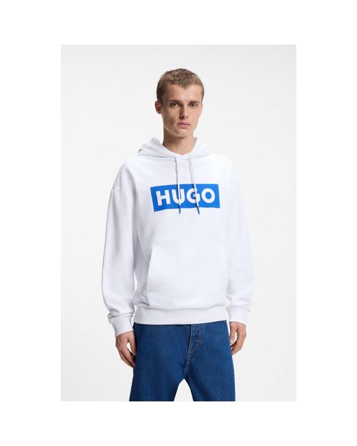 HUGO White Cotton-Terry Hoodie With Rectangle Logo Print for men