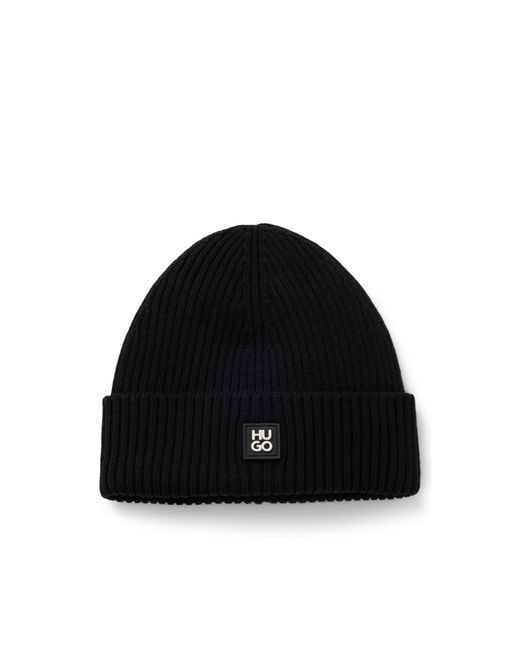 HUGO Black Virgin-Wool Beanie Hat With Stacked-Logo Badge for men