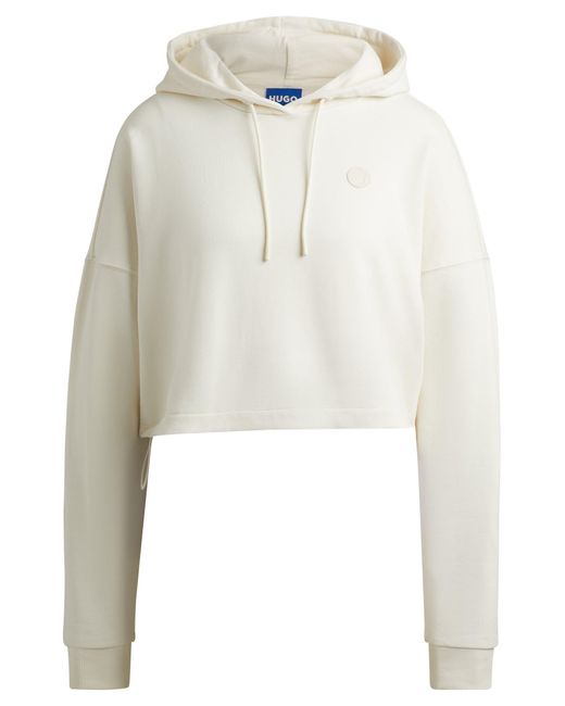HUGO White Cropped Cotton-terry Hoodie With Happy Logo Badge