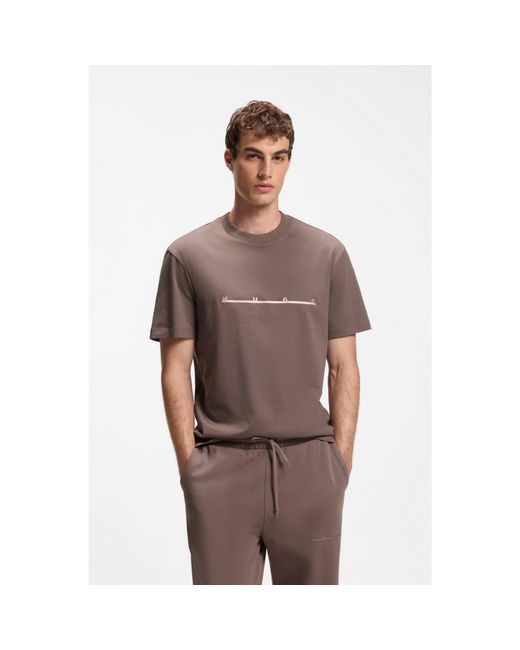 HUGO Brown Relaxed-Fit T-Shirt With Zigzag Stitching Detail for men