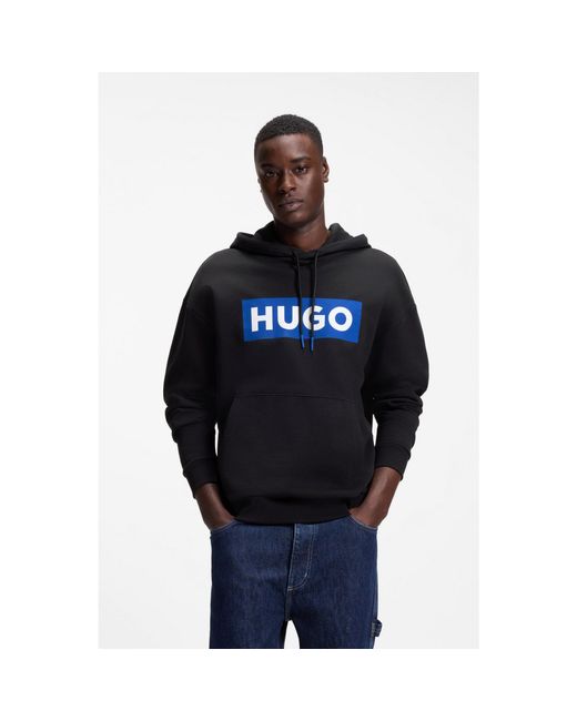 HUGO Black Cotton-Terry Hoodie With Rectangle Logo Print for men
