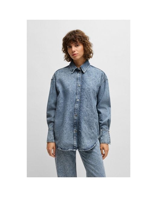 Boss Blue Denim Blouse With Crystal Embellishments