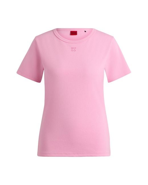 HUGO Pink Cotton-blend T-shirt With Embroidered Stacked Logo