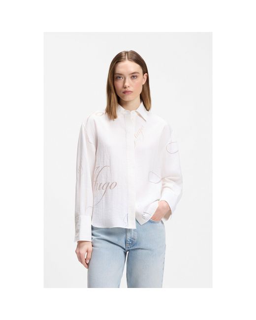 HUGO White Oversized-Fit Blouse With Burnout Logo Print