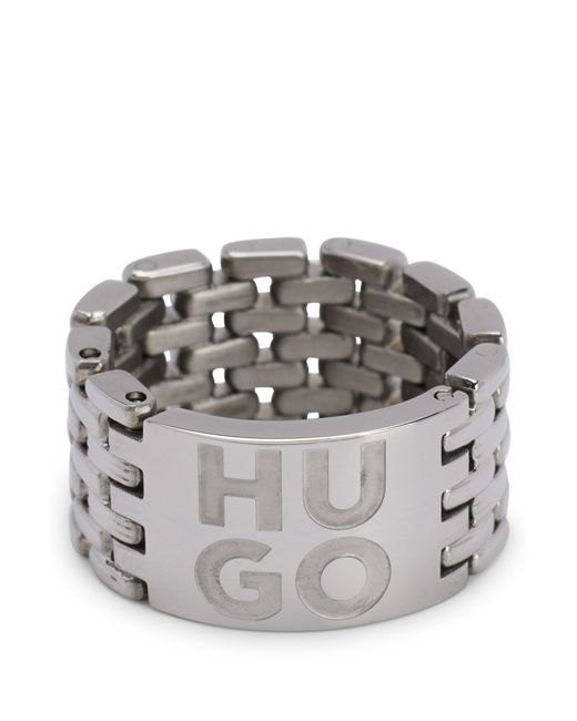 HUGO Gray Stainless-steel Link Ring With Stacked-logo Engraving for men