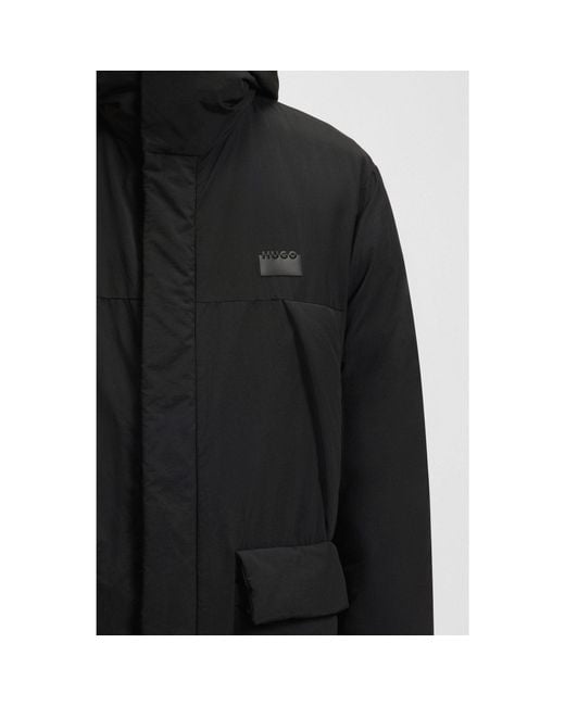 HUGO Black Water-Repellent Hooded Puffer Coat With Split Logo for men