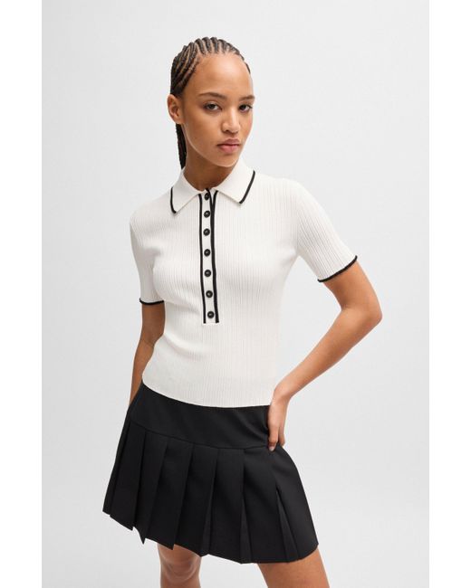 HUGO White Slim-fit Knitted Top With Polo Collar