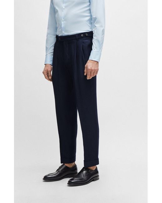 Boss Blue Relaxed-fit Trousers In Herringbone Virgin Wool And Linen for men