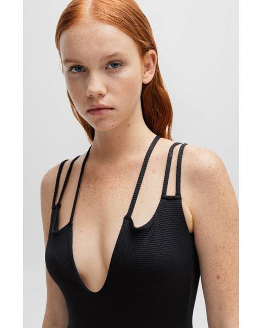 HUGO Black Structured-jersey Swimsuit With Strap Details