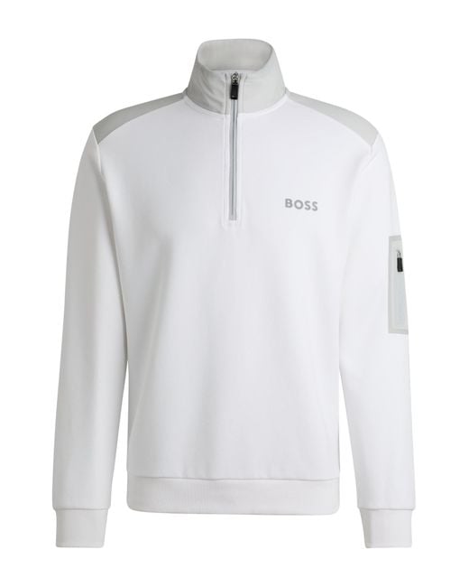 Boss White Cotton-blend Zip-neck Sweatshirt With 3d-moulded Logo for men