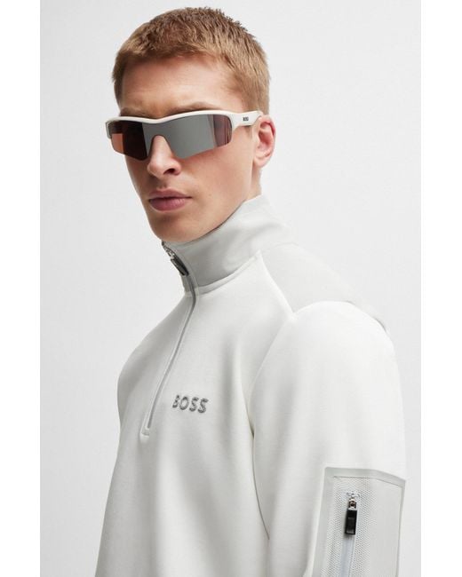 Boss White Cotton-blend Zip-neck Sweatshirt With 3d-moulded Logo for men
