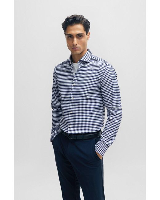 Boss Blue Slim-fit Shirt In Checked Performance-stretch Fabric for men