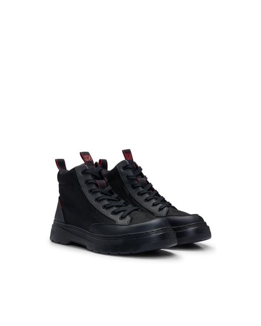 HUGO Black Mixed-Material High-Top Trainers With Details for men