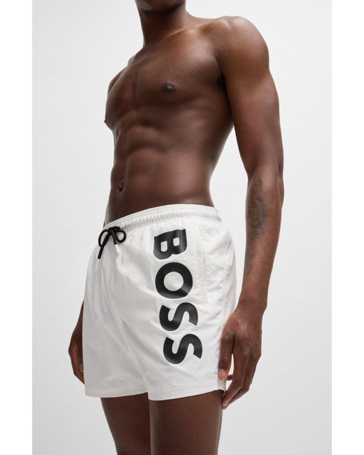 Boss Gray Vertical-logo-print Swim Shorts In Quick-dry Poplin for men