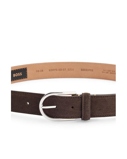 Boss Brown Italian-suede Belt With Rounded Brass Buckle for men