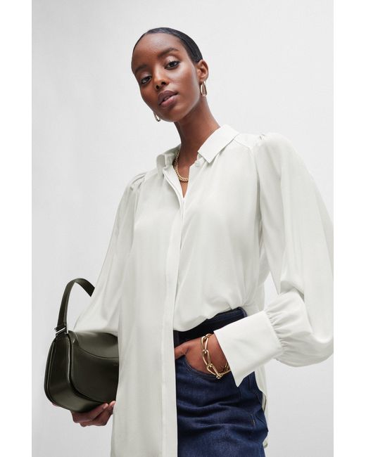 Boss White Relaxed-fit Blouse In Washed Silk