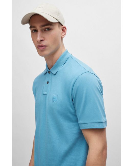 Boss Blue Stretch-cotton Slim-fit Polo Shirt With Logo Patch for men