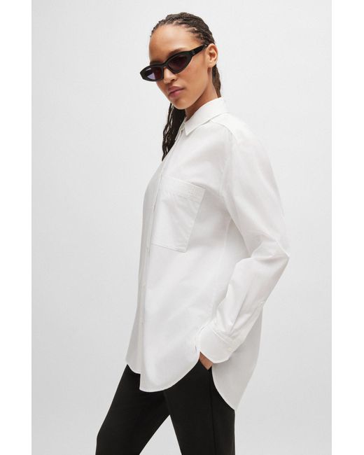 HUGO White Oversized-fit Blouse In Cotton Canvas With Point Collar
