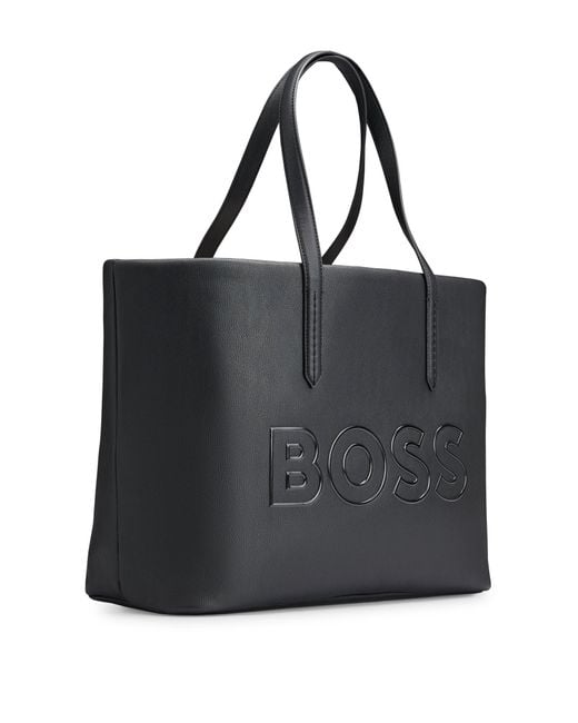 Boss Black Grained Faux-leather Shopper Bag With Outline Logo