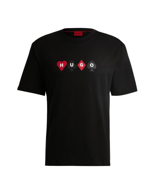 HUGO Black Cotton-jersey T-shirt With Playing-cards Logo for men
