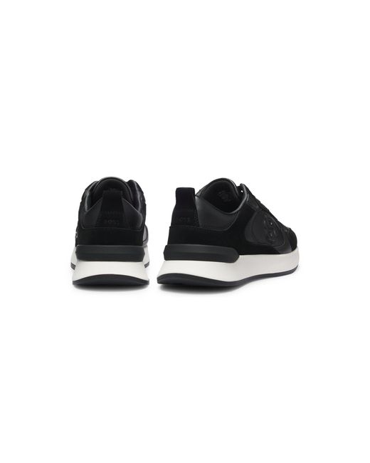 Boss Black Leather And Suede Trainers With Double B Monogram