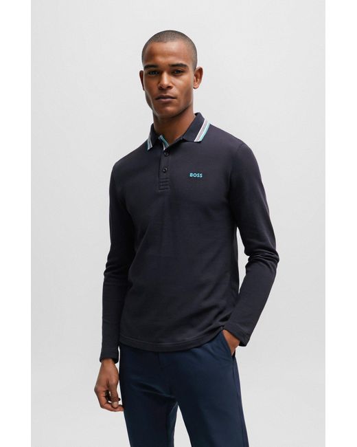 Boss Blue Cotton-piqué Polo Shirt With Contrast Logo for men