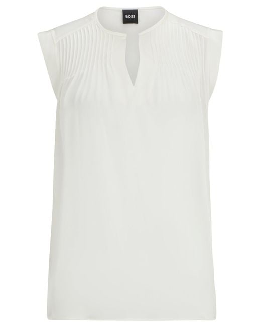 Boss White Relaxed-fit Tailored Blouse In Stretch Silk