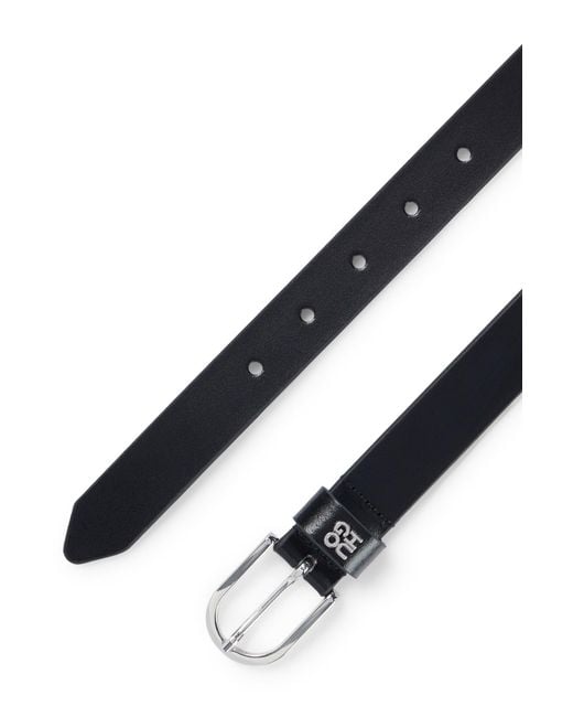 HUGO Black Italian-leather Belt With Stacked-logo Hardware Trim