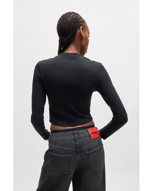 HUGO Black Cotton-blend Slim-fit Top With Stacked Logo
