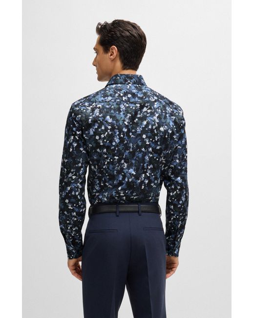 Boss Blue Slim-fit Shirt In Printed Stretch-cotton Poplin for men