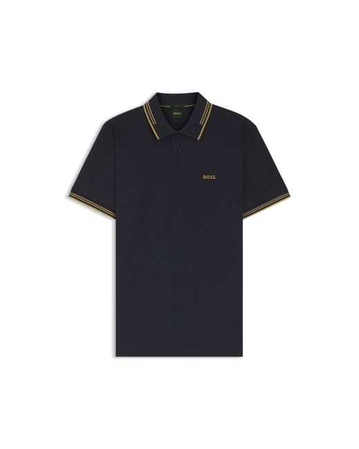 Boss Blue Stretch-Cotton Slim-Fit Polo Shirt With Branding for men