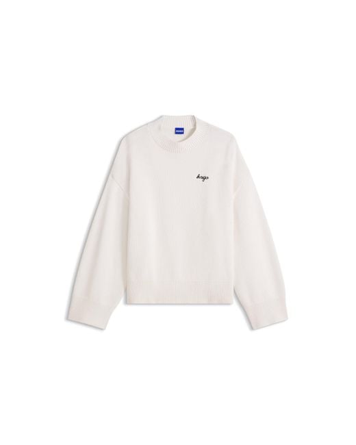 HUGO White Oversized-Fit Knitted Sweater With Script Logo