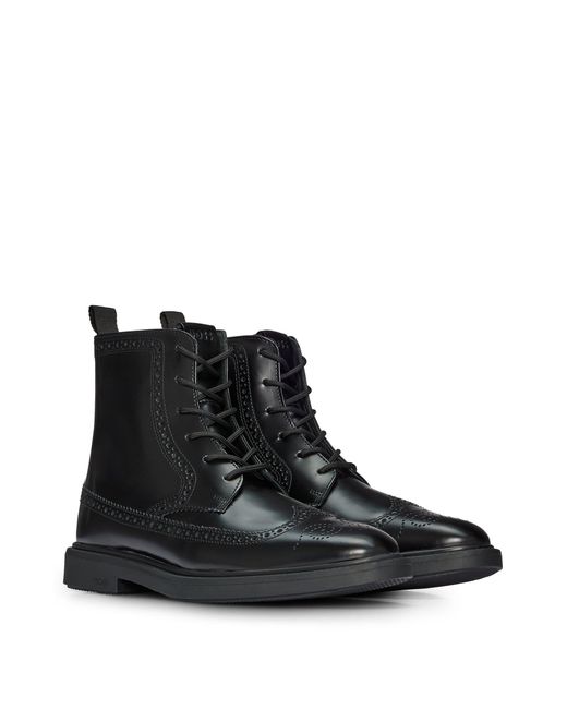 Boss Black Half Boots In Brush-off Leather With Brogue Detailing for men