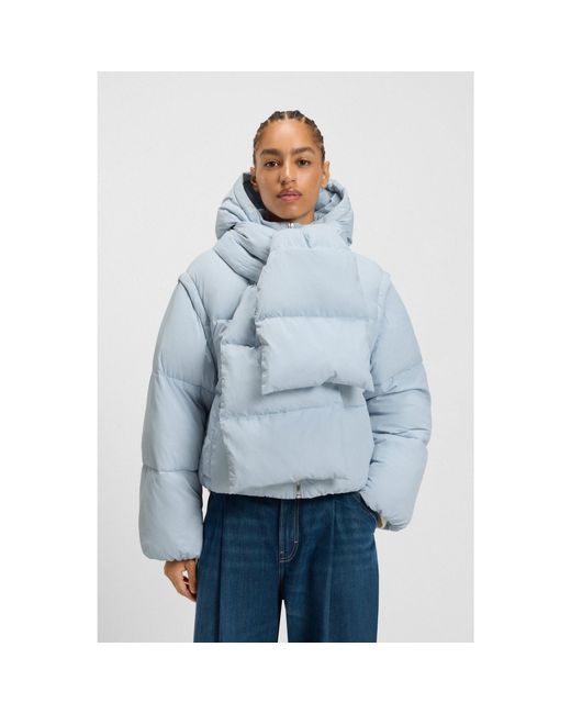 Boss Blue Water-Repellent Padded Jacket With Detachable Sleeves And Scarf