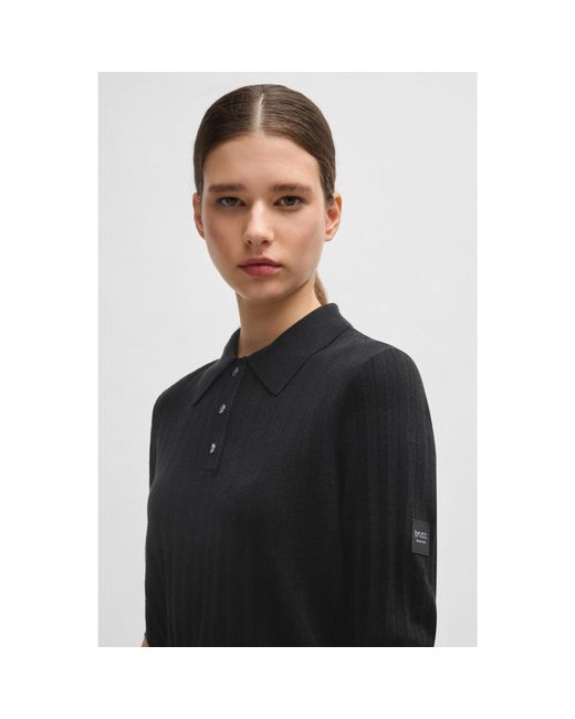 Boss Black Equestrian Ribbed-Knit Polo With Oversized Collar