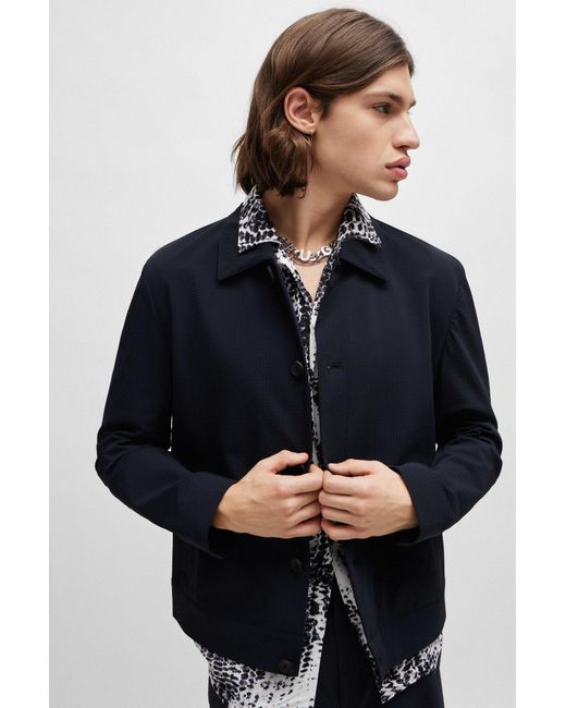 HUGO Blue Slim-fit Jacket In Structured Super-flex Seersucker for men