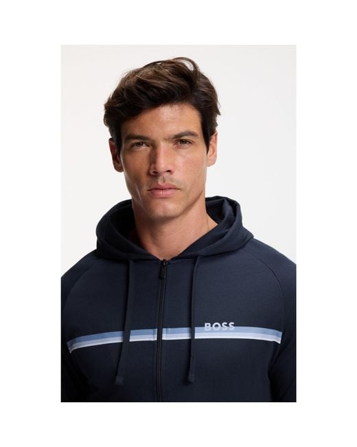 Boss Blue Cotton-Terry Zip-Up Hoodie With Stripes And Logo for men