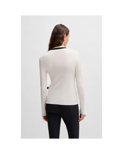 Boss White Equestrian Zip-Neck Sweater With Ribbed Structure