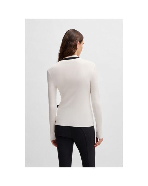 Boss White Equestrian Zip-Neck Sweater With Ribbed Structure