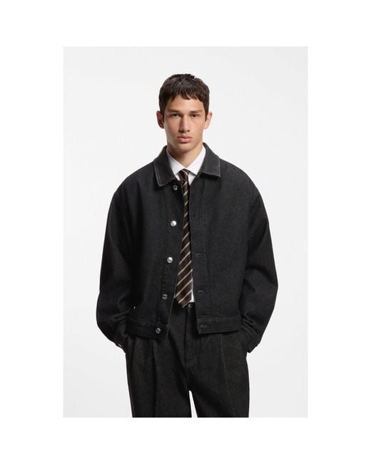 HUGO Black Cotton Denim Jacket With A Raw Aesthetic for men