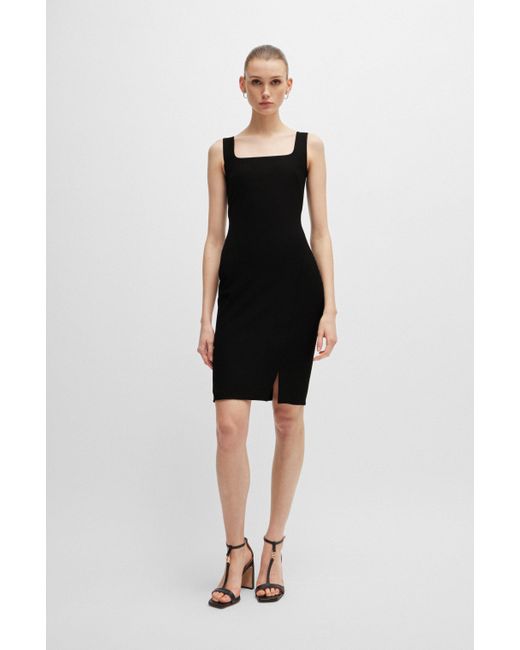 Boss Black Square-neck Dress In Stretch Material With Front Slit