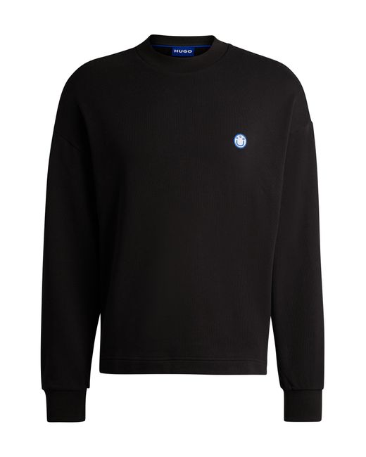 HUGO Black Cotton-terry Sweatshirt With Smiley-face Logo Patch for men