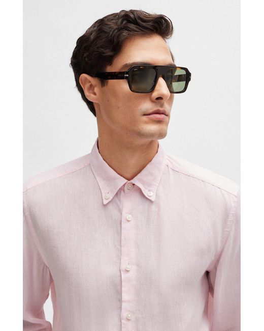 Boss Pink Regular-fit Linen Shirt With Button-down Collar for men