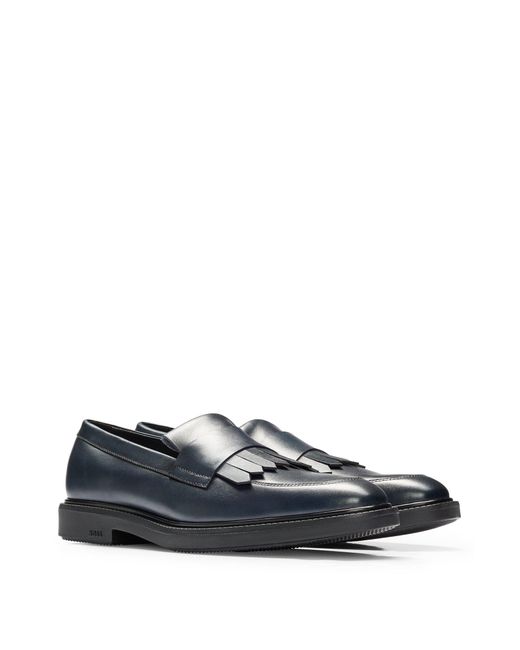Boss Blue Apron-toe Loafers In Leather With Fringe Trim for men