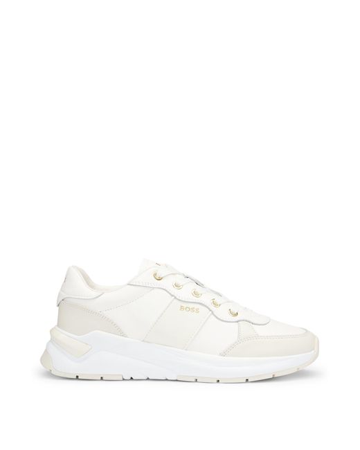 Boss White Leather Lace-up Trainers With Gold-tone Logo