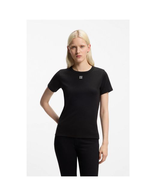 HUGO Black Regular-Fit T-Shirt With Stacked-Logo Embroidery