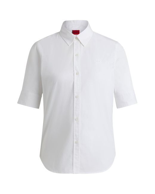 HUGO White Regular-fit Blouse In Stretch Cotton With Stacked Logo